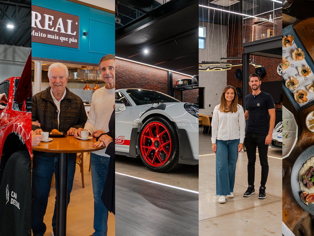 Mosaico de gravações com clientes: carros, padaria, gastronomia